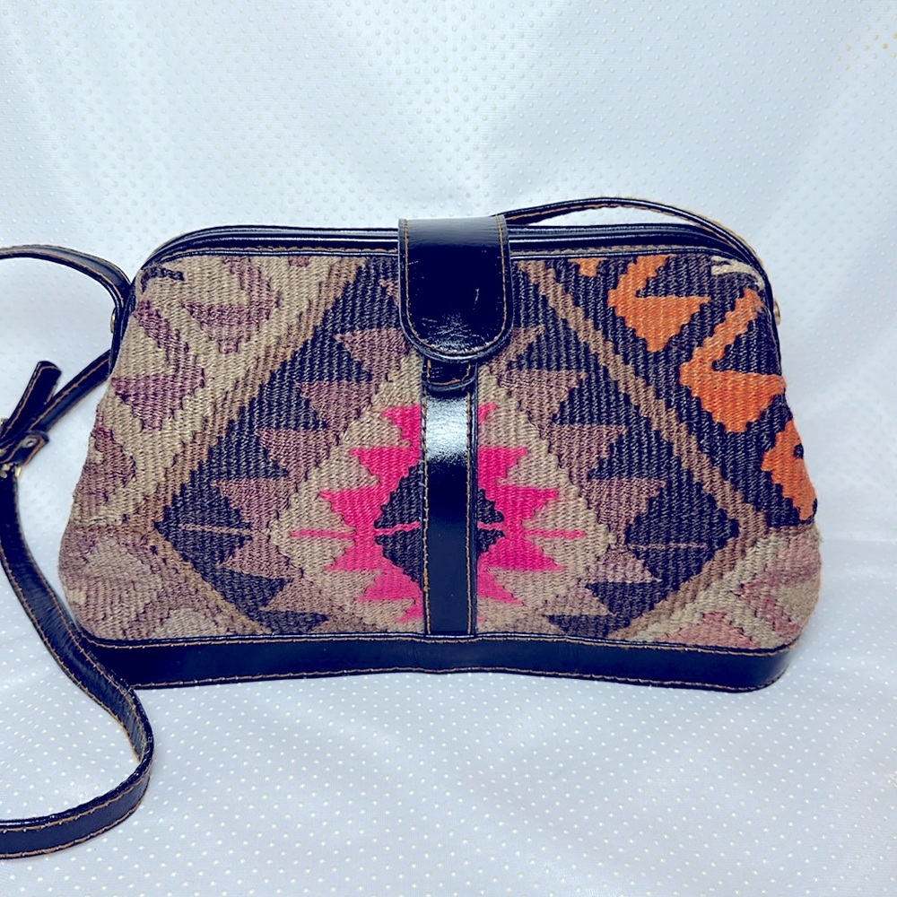 Aztec design woven jute and leather framed crossbody bag